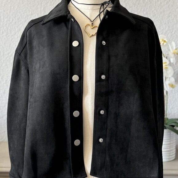 Women's Suede Shirt Jacket Top | Button Down Long Sleeve | Black - Picture 2 of 9